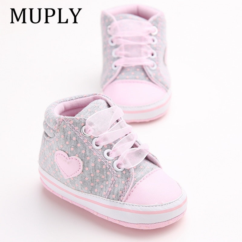 Infant Newborn Baby Girls Polka Dots Heart Autumn Lace-Up First Walkers Sneakers Shoes Toddler Classic Casual Shoes