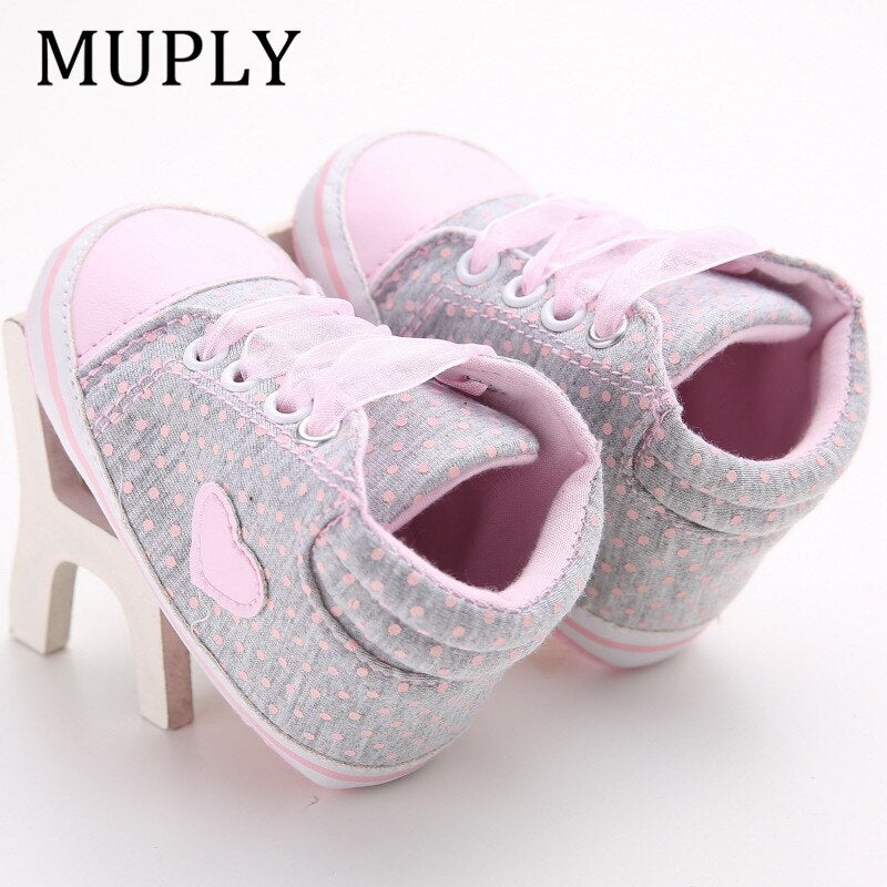 Infant Newborn Baby Girls Polka Dots Heart Autumn Lace-Up First Walkers Sneakers Shoes Toddler Classic Casual Shoes