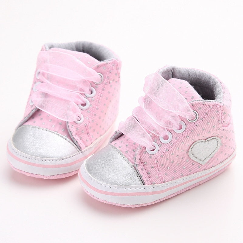 Infant Newborn Baby Girls Polka Dots Heart Autumn Lace-Up First Walkers Sneakers Shoes Toddler Classic Casual Shoes